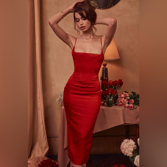 HOUSE OF CB 'Anais' Scarlet Satin Corset Midi Dress NWOT - Picture 4 of 11